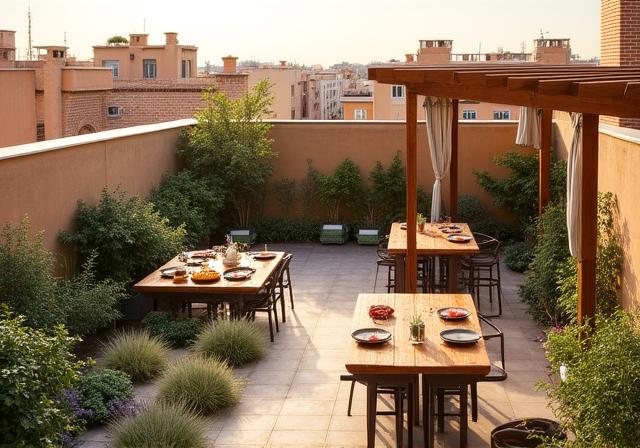 Terraza sostenible con plantas autóctonas y muebles de madera